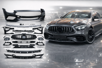 2021–2023 mercedes benz e class (w213) front bumper assembly e63 amg styling with parking sensor holes & front grille chromed / gloss black