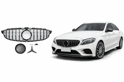 2019–2022 mercedes benz c class (w205) gt r style front grille with surround view camera hole chromed gloss black