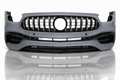2021–2023 mercedes benz e class (w213) front bumper assembly e63 amg styling with parking sensor holes & front grille chromed / gloss black