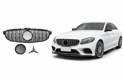 2015–2018 mercedes benz c class (w205) gt r style front grille with front camera hole chromed gloss black steel mesh