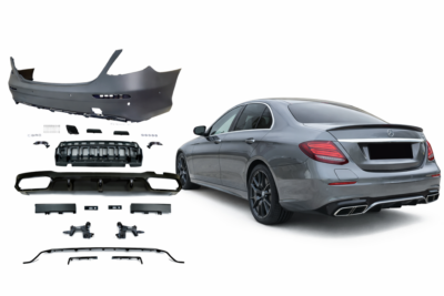 2016–2020 mercedes benz e class (w213) e63 amg style rear bumper assembly with park assist sensor holes bright black moulding