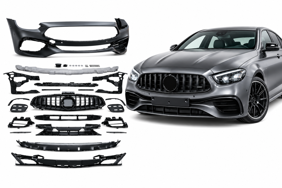 2021–2023 MERCEDES-BENZ E-CLASS (W213) FRONT BUMPER ASSEMBLY E63 AMG STYLING WITH PARKING SENSOR HOLES & FRONT GRILLE CHROMED / GLOSS BLACK - Image 2